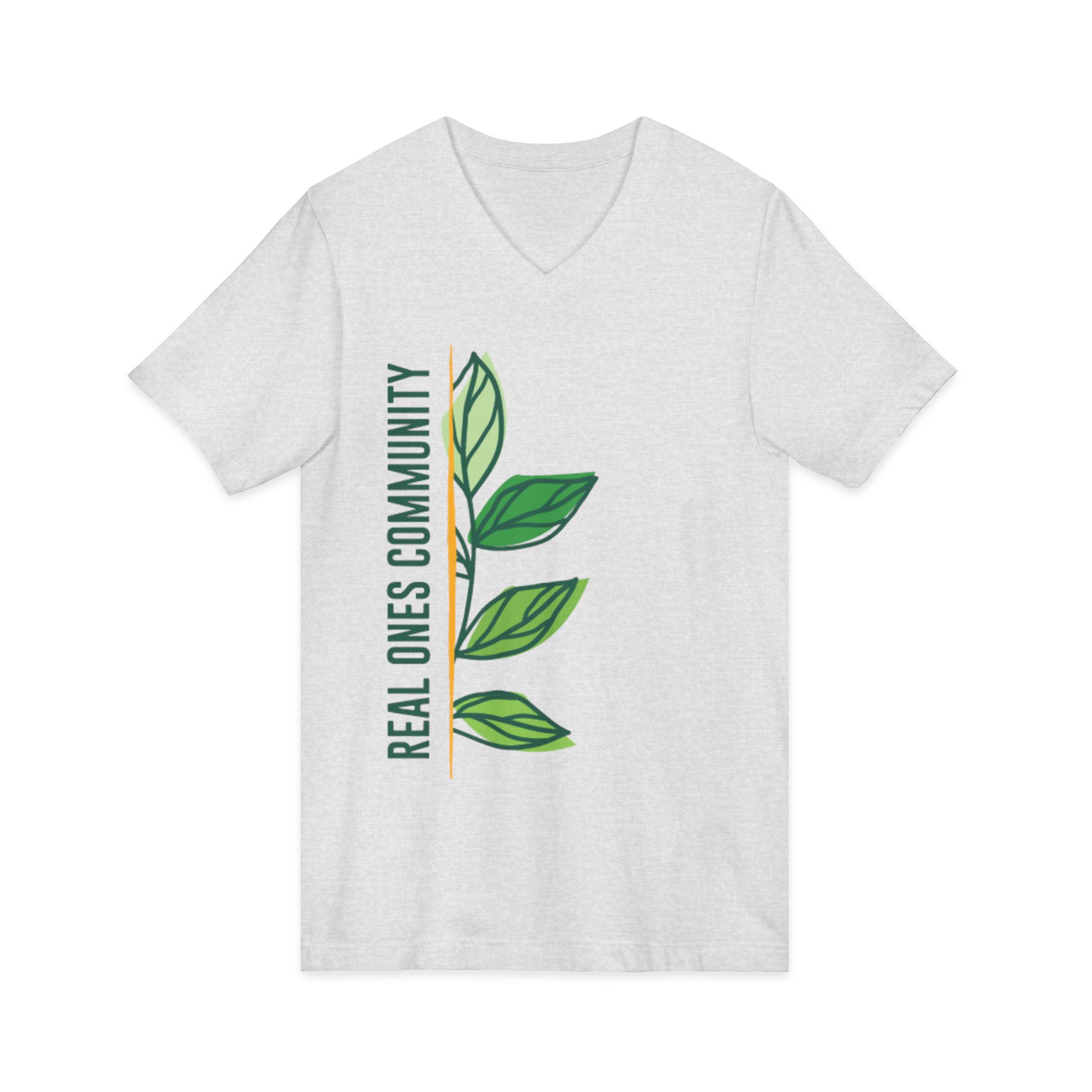 Real Ones Community V-Neck T‑Shirt – Green Leaf Graphic - Image 7