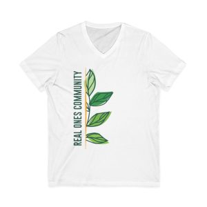 Real Ones Community V-Neck T‑Shirt – Green Leaf Graphic
